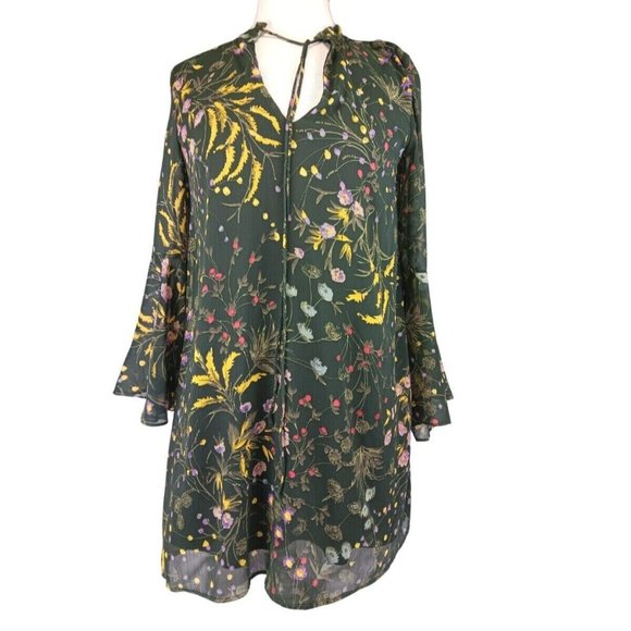 Zara Dress Floral Pattern Chiffon Mini Dress Sz S bell arms Boho/Chic - Picture 3 of 8